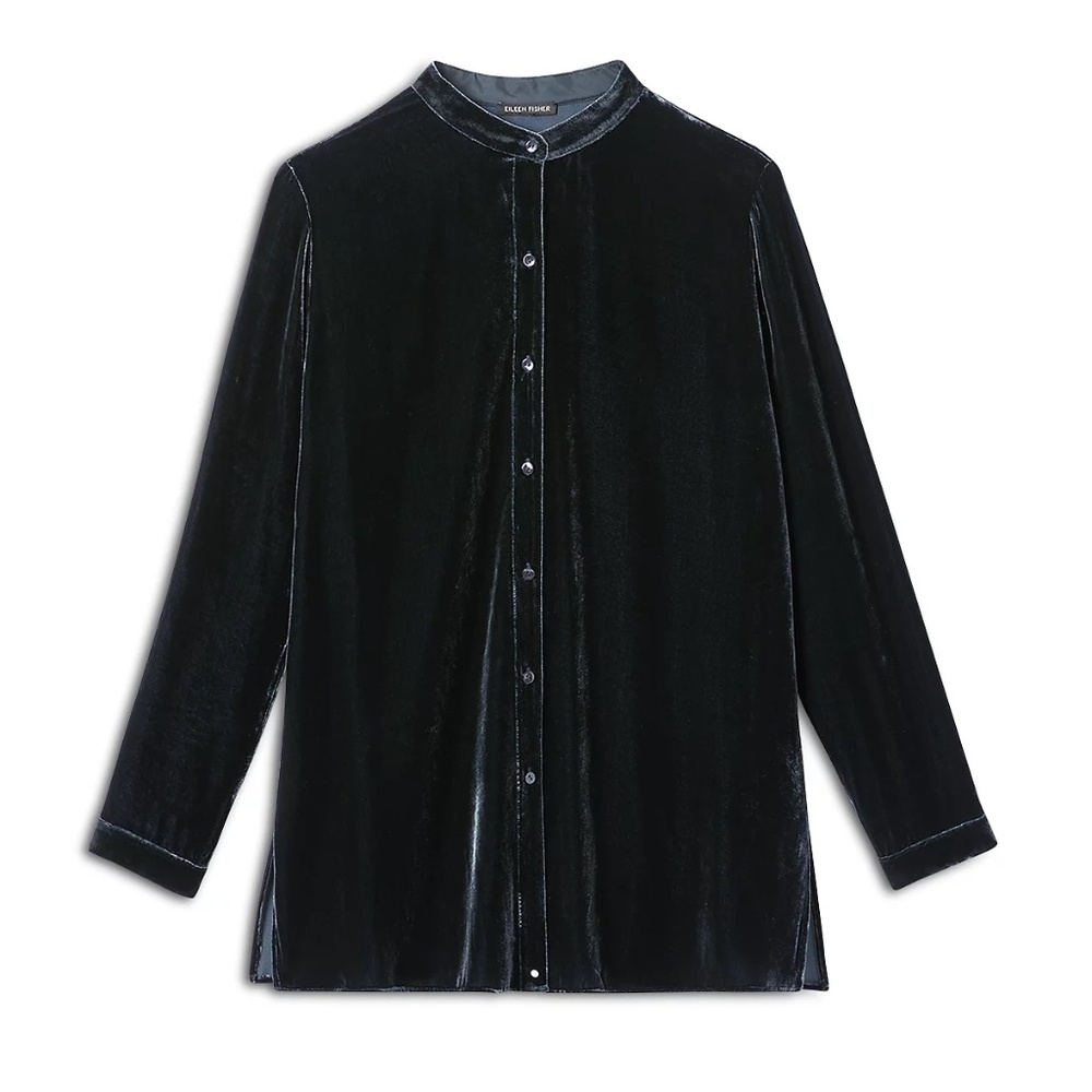 Eileen Fisher Mandarin Collar Velvet Shirt in Ivy, Size  L, NWT